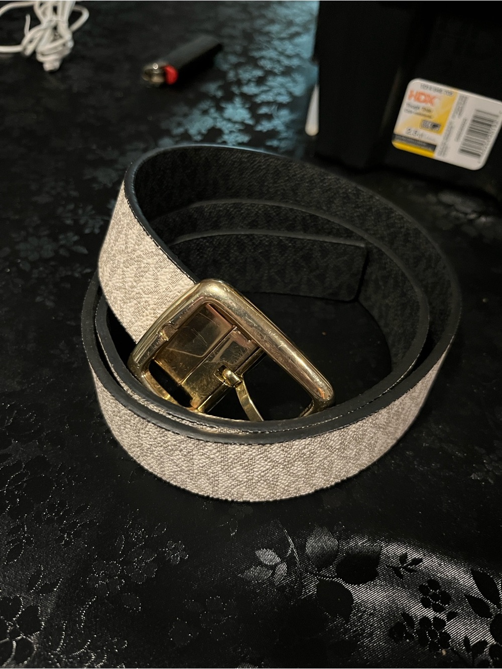 Michael Kors Cream Monogram Belt with Gold Buckle Small